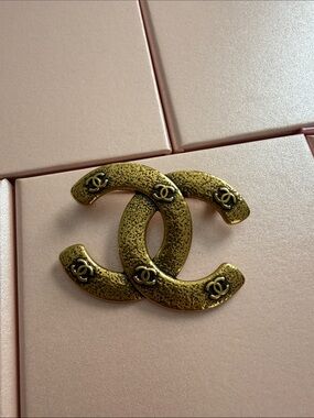 Gold Double Logo Brooch Textured Antique Gold Finish